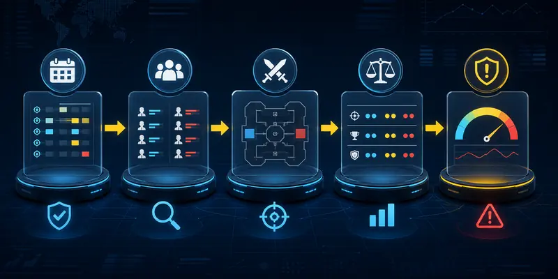 Infographic quy trình phân tích kèo Esports gồm lịch đấu, đội hình, bản đồ, thị trường và quản trị rủi ro