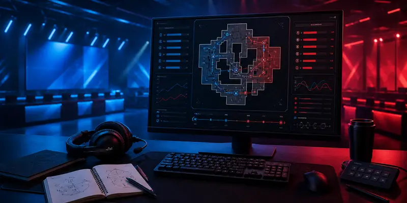 Bàn phân tích chiến thuật esports với bản đồ trận đấu và biểu đồ phong độ