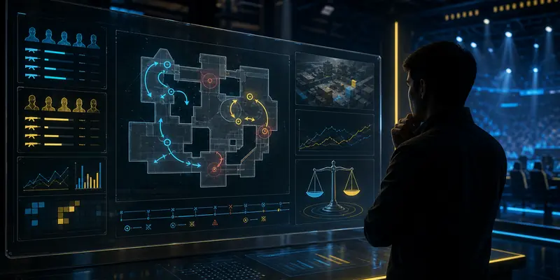 Chuyên gia phân tích esports xem bản đồ chiến thuật và dữ liệu đội tuyển