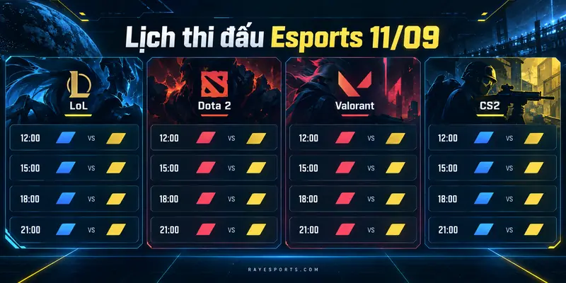 Lịch thi đấu Esports 11/09 gồm LoL, Dota 2, Valorant và CS2 theo giờ Việt Nam