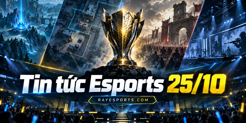 Ảnh bìa tin tức Esports 25/10 với cúp vô địch và sân khấu esports RAYesports